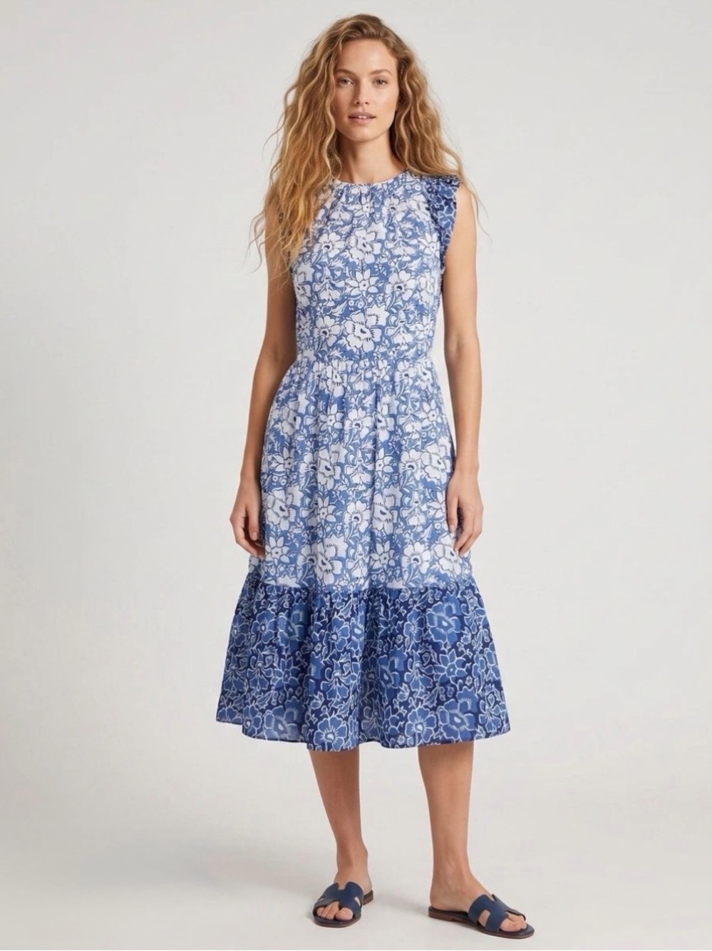 J. CREW WOMENS BLUE WHITE FLORAL TIERED LINED MIDI DRESS 6P COTTAGECORE